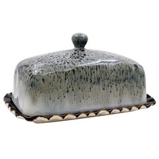 Ceramic Butter Dish Grey Reactive Glaze Platter & Lid Speckled Vintage Design