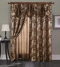 Jacquard Luxury Window 2 Panel Set Brown Curtain with Attached Valance and Backi
