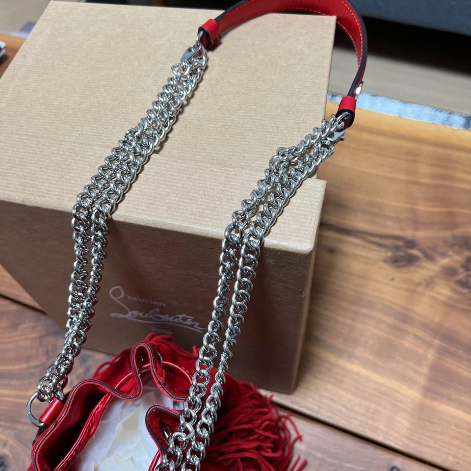 Unused Christian Louboutin Red Fringe Shoulder Bag Red suede Chain strap - Image 3 of 4