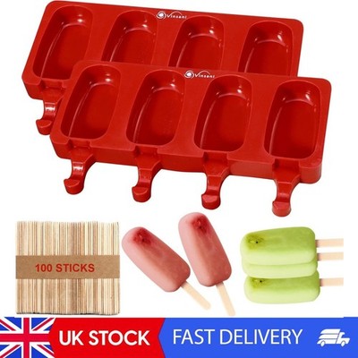 Silikon 2 x 4 Hohlraum Eis Lolly Maker mit 100 Sticks, Lebensmittelqualität BPA frei Eis
