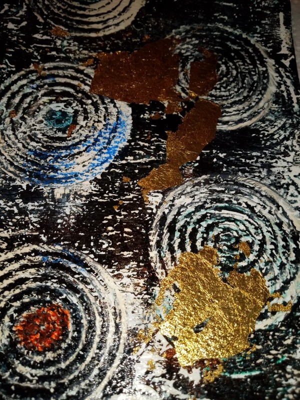 Gold & Black Circle Art 5" x 7" Painting Mixed Media Original Abstract Style