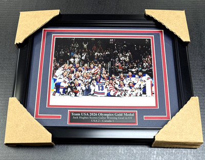 2026 TEAM USA HOCKEY GOLD WIN OLYMPICS FRAMED 8X10 PHOTO Jack Hughes OT Goal