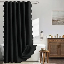 MIULEE Black Scalloped Shower Curtain Linen Textured with 12 Metal Hooks Cute He