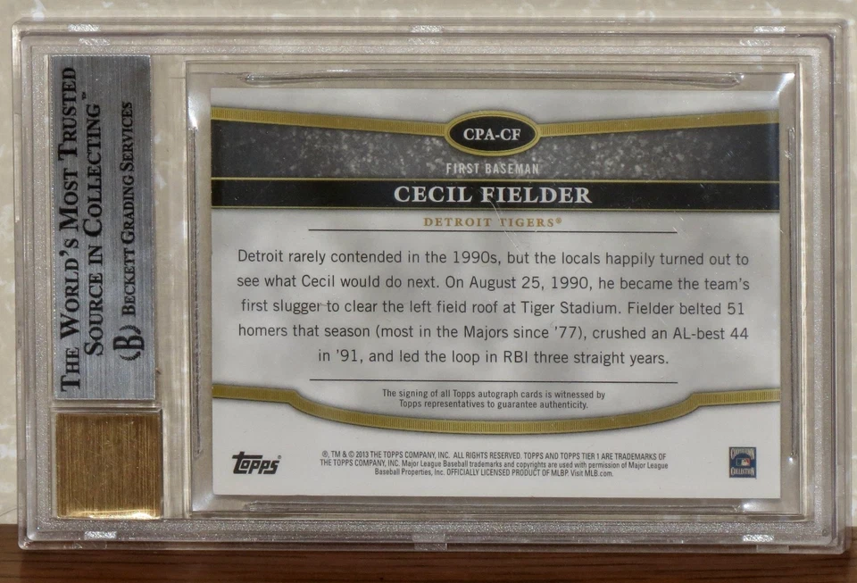 2013 Topps Tier One Crowd Pleaser Auto Silver Cecil Fielder Card BGS 9 Auto 10. - Image 2 of 2