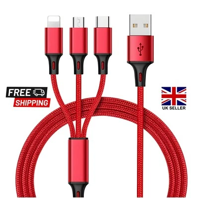 3 in 1 Multi Head USB Charger Fast Charging Cable for Most Devices Braided UK - Image 1 of 4