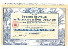 NEW COMPANY OF THE UPPER UBANGI SULTANATES 100 FRANCS 1927 Share, Rare. 2L.26