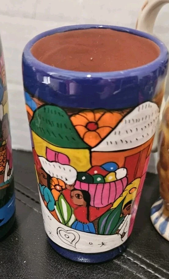 LOTE de 6: Taza colorida mexicana sudamericana pintada a mano arte jarrón DECORACIÓN Foto 4 de 4