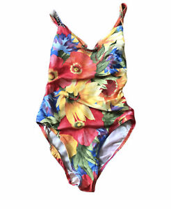 Vintage 80s 90s Bright Floral Printed High Cut One Piece Swimsuit Bathing Suit S Ebay