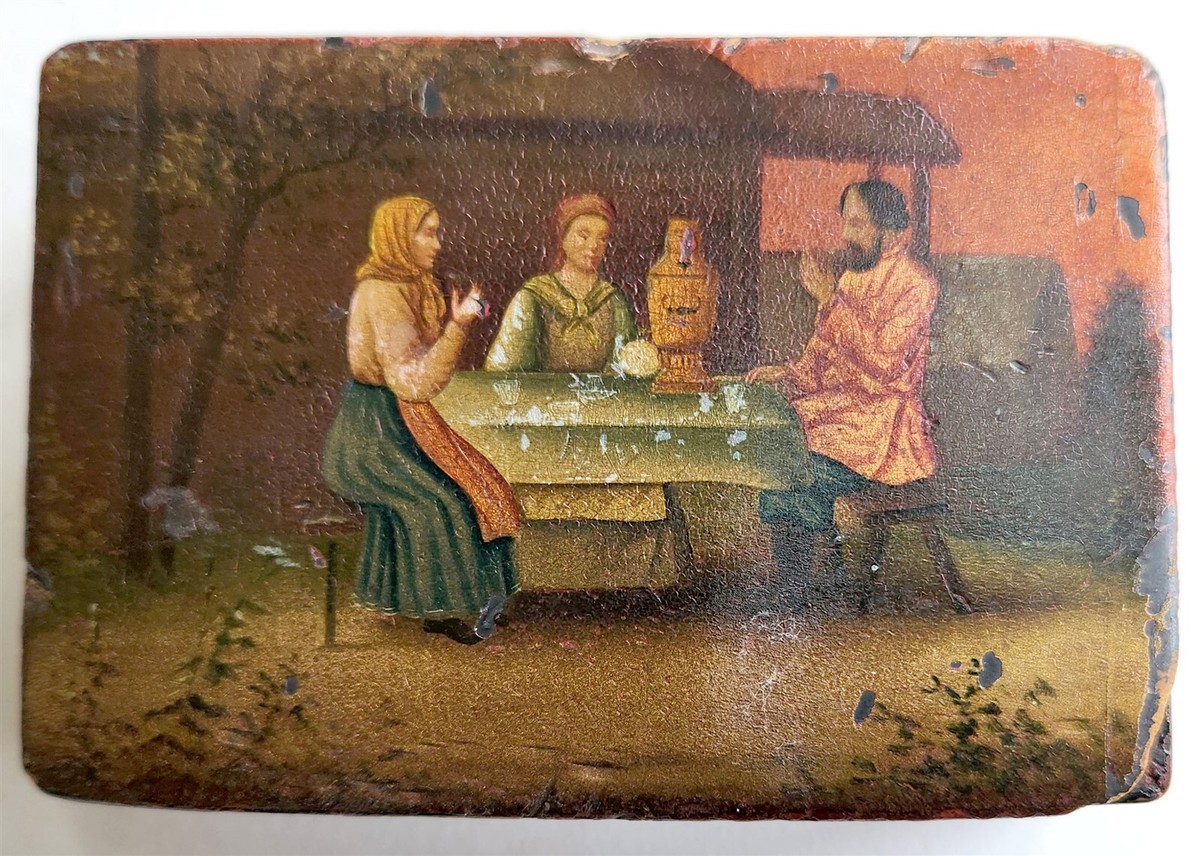 RUSSIAN 19th cent antique LACQUER BOX VISHNYAKOV MANUFACTURE