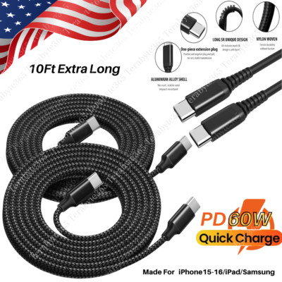 60W PD Fast Charger Cable USB C To USB C Cord For iPhone 15/16 MacBook iPad Lot