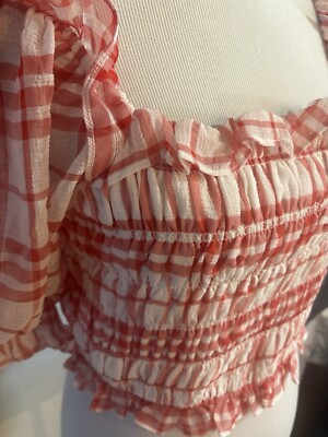 NWT Endless Rose Small Top Puff Sleeve Gingham Smocked Shirt Red White Ruffled