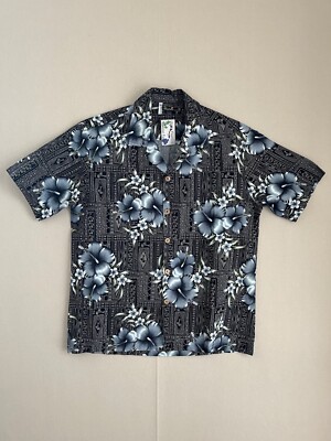 Aloha Fashion Hawaiian Vietnam Men M 100% cotton gray hibiscus tiki black shirt