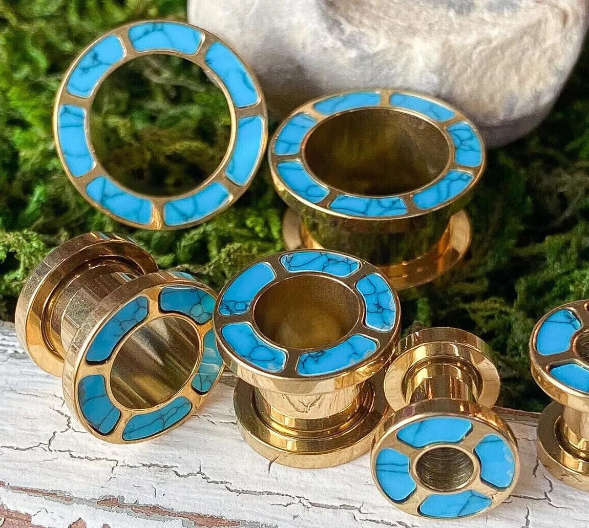 PAIR Turquoise Rimmed Gold Screw Fit Tunnels Earlets Gauges Plugs