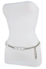 Women Silver Metal Chain Links Narrow Strap Luxurious Posh Belt XS S M L XL XXL