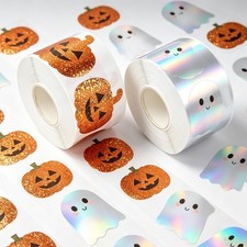 LRKNNO Halloween Sticker Roll 1000Pcs Sparkly Pumpkin Ghost Self Adhesive