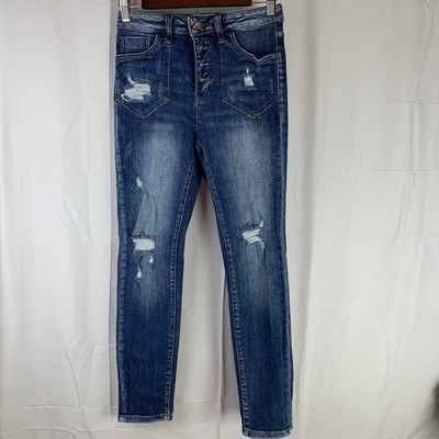 Risen Skinny Jeans Women 26/3 Blue Distressed High Rise Button Fly RDP1412