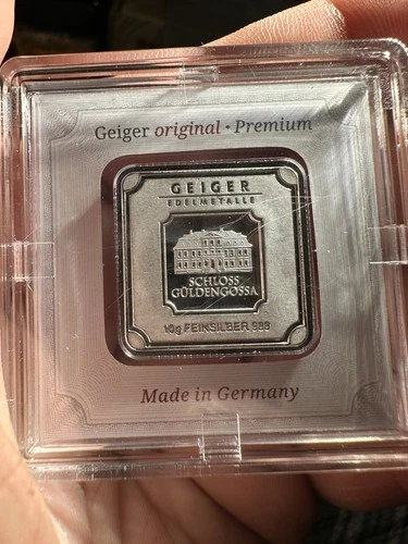 10 Gram Silver Bar GEIGER Original Premium in Square Capsule Assay .999 fine