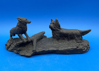 CHRISTINE BALDWIN LOST WAX BRONZE OF A SKYE TERRIER DOG WITH FOX LT ED 9/50 1976