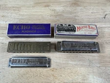 Vintage Estate Fresh Pair M. Hohner Echo Marine Band Metal Harmonicas Germany