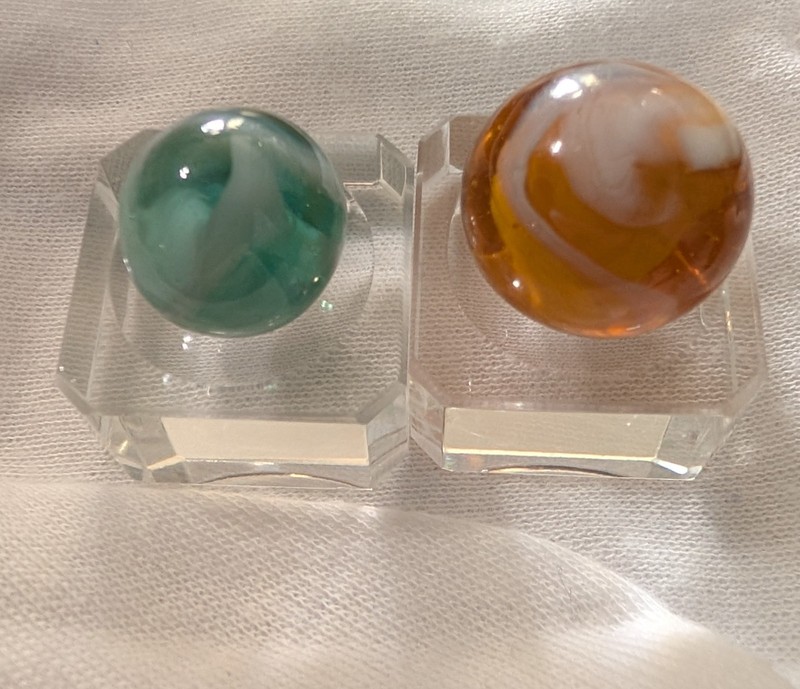 Old Glass Green Slag Marble .60" & Old Amber Glass Slag Marble .73"