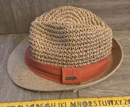 Steve Madden Womens Summer Short Brim Straw Fedora Sun Hat Peach Coral Orange