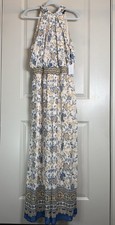 1.STATE Halter Floral Maxi Dress L Ivory Blue Gold Smocked Tie Zip Pockets