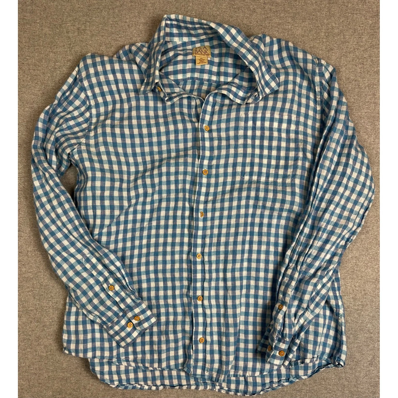 Jos A Bank Linen Shirt Button Down Mens XL Blue Gingham Plaid Long Sleeve
