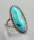Vintage Navajo Sterling Silver Long Oval Turquoise, Twisted Rope Bezel Sz 8