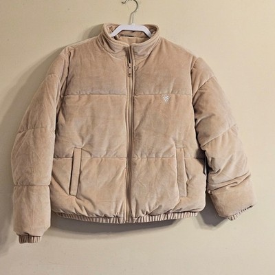 NWT Guess Couture Puffer Jacket Skin Shadow Beige Velour Quilted Womens L