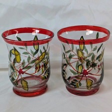 Glass Candle Vase Hand Painted Christmas Hurricane Holly Berry 