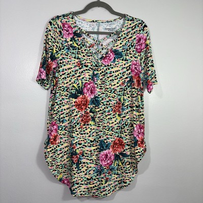Torrid Womens Tunic Top Tee V Neck Lattice Strappy Leopard Floral Size 00 EUC