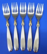 5 - Retroneu BRAID-GOLD ACCENT Glossy 18-8 Stainless Japan Flatware SALAD FORKS