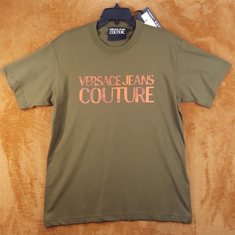 VERSACE COUTURE Shirt Mens Small Green Pullover Crew Logo Tee $150 Flawed