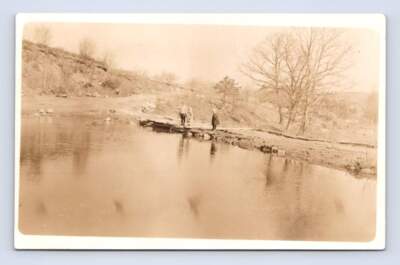 Siblings Fishing at Waters Edge ''Lynch Boys ~ Bliss Farm'' RPPC Photo 1910s