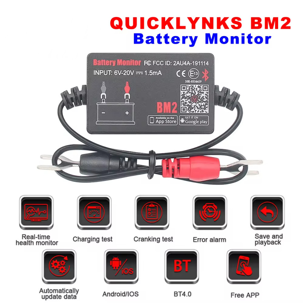 QUICKLYNKS 12V Car Bluetooth Battery Tester Charging Cranking Test Analyzer IOS