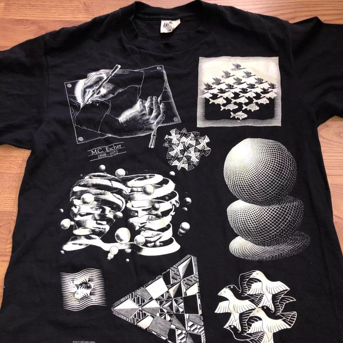 Vintage 90s MC Escher Andazia All Over Print Art Museum T-shirt Size Mens Large