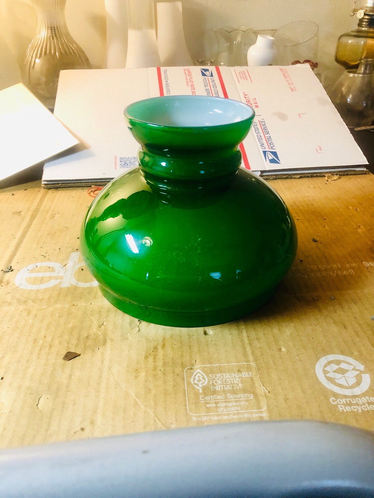 Antique -vtg Green Glass Student lamp Shade - Oil