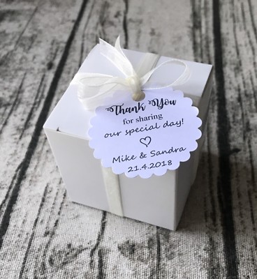 40x White Favour Boxes With Personalised Thank You Tags Baptism Wedding Favours Ebay