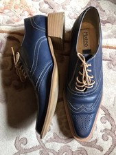 BLUE LEATHER BROGUES LADIES 38 STACKED HEEL OVERSTITCHING CUT OUT DETAIL LACE UP