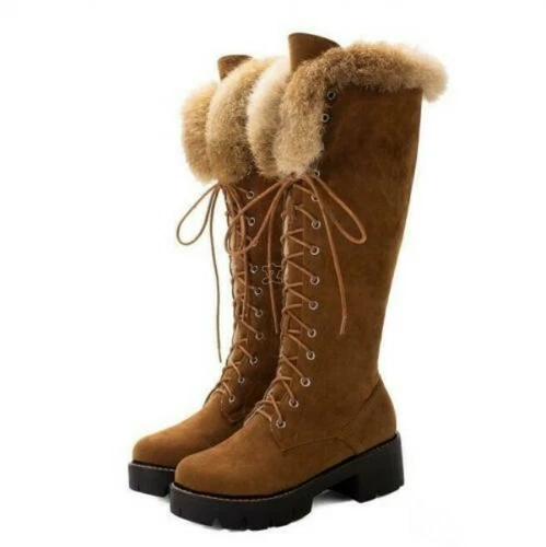 New Men's Womens Fur Lined Snow Boots Warm Lace Up Knee High Boots Outdoor Shoes - Picture 8 of 18