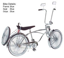20" VINTAGE LOWRIDER BLUE BICYCLE W/ 144 SPOKE CHROME SHINY RIMS & BENT FORK.