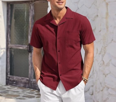 COOFANDY Men's Cotton Linen Henley Short Sleeve Casual Beach Shirt L (B21)