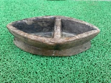 Old Primitive Wooden Carved Boat Shape Chopda Tikka Box Rustic Color Spice Pot 