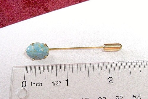 ANTIQUE GOLD TONE OVAL TURQUOISE CABOCHON PRONG SET STICK PIN VINTAGE - Picture 5 of 7