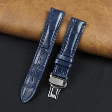 Blue Leather Watch Band Men Deployment Clasp Buckle Real Crocodile Watch Strap