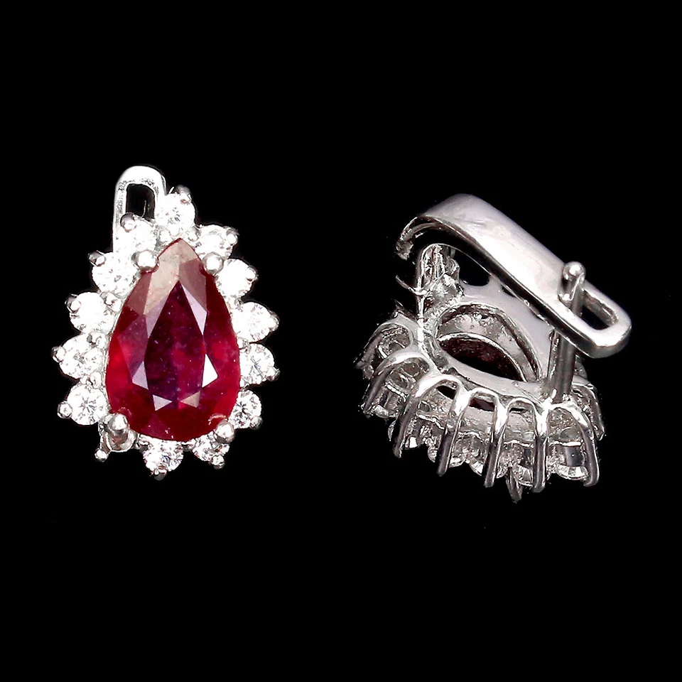Orecchini In Argento Sterling 925 Con Rubino Naturale Gemma 9x6mm - Immagine 3 di 4