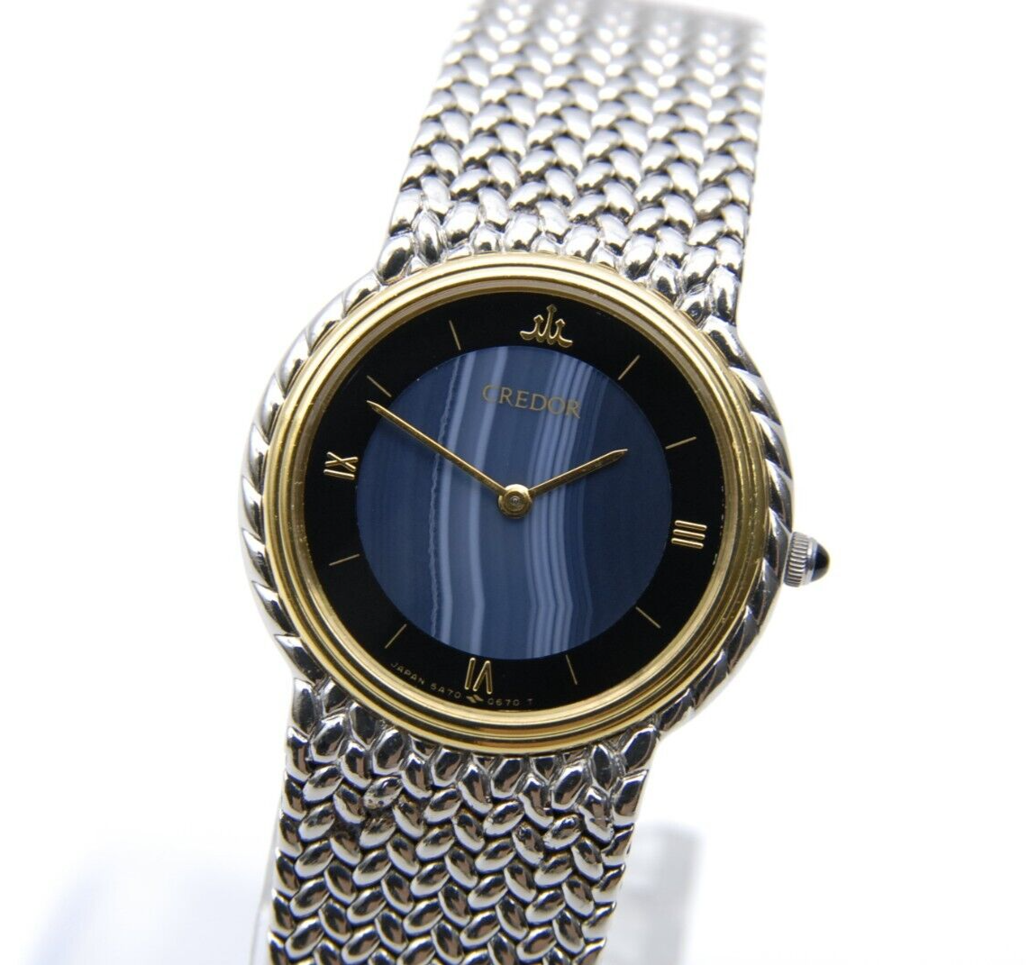 Near MINT+] SEIKO Credor 5A70-0260 25mm 18KT Bezel Blue Dial QZ