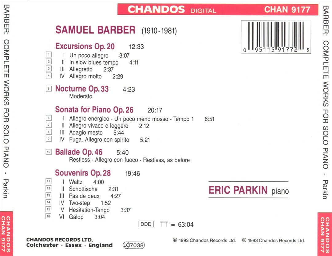 Barber: Excursions Nocturne Sonata CD 1994 Parkin