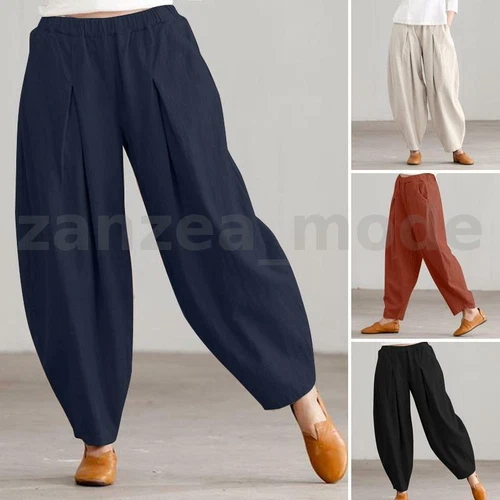 Womens Wide Leg Bloomers Harem Pants Ladies Solid Cotton Trousers Balloon Slacks