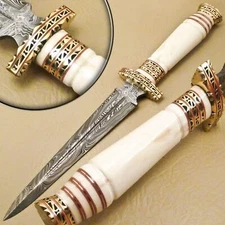 BEAUTIFUL CUSTOM HAND MADE DAMASCUS STEEL HUNTING DAGGER KNIFE HANDLE BONE